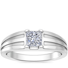 Men's Tapered Grooved Solitaire Engagement Ring in 14k White Gold
